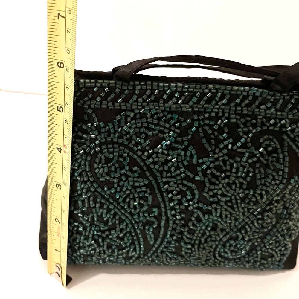 Vintage Teal Green Beaded Evening Bag Black Satin - Picture 14 of 15